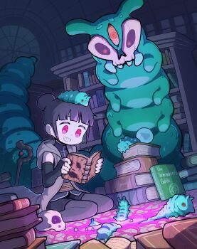 1girl black_bridal_gauntlets book book_stack bookshelf bridal_gauntlets caterpillar coat commentary_request creature_on_head earrings grey_pantyhose grin hair_bun highres holding holding_book hood hood_down indoors jewelry necronomicon original pantyhose pantyhose_under_shorts pentagram pink_eyes portal_(object) reading ringed_eyes shorts skull sleeveless sleeveless_coat smile staff stud_earrings summoning takurada