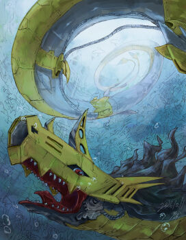 absurdres android armor artist_request black_hair cannon claws clenched_teeth digimon digimon_(creature) fangs full_armor full_body giant highres horn looking_at_viewer machine mecha metalseadramon multiple_others multiple_tails no_humans open_mouth red_eyes robot sharp_teeth simple_background solo tail teeth underwater water wire