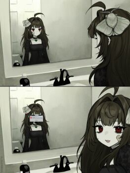 1girl ahoge animal animal_on_head bandaid bandaid_on_cheek bandaid_on_face black_dress brown_hair bug cable cable_tail different_reflection dress electric_plug electric_plug_tail error_message hair_intakes highres indoors insect long_hair looking_at_mirror looking_at_viewer mechanical_tail mirror moth on_head open_mouth original red_eyes reflection smile solo tail vickie_(cryingrobot) vickie_(cryingrobot)_(character)