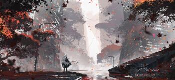 1girl asteroid_ill autumn autumn_leaves building falling_leaves from_behind highres lamppost leaf long_hair maple_leaf nature original outdoors ruins scenery solo standing tree very_long_hair water white_hair wide_shot