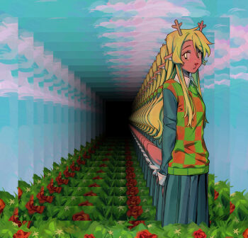 1girl absurdres afterimage animal_ears antlers black_shirt black_skirt blonde_hair blue_sky checkered_sweater_vest cloud collared_shirt commentary deer_antlers deer_ears deer_girl deltarune english_commentary flower furry furry_female goomyloid green_sweater_vest highres horns long_hair noelle_holiday red_flower red_rose rose rose_bush shirt skirt sky solo sweater_vest utdr_(toby_fox) white_shirt yuu_yuu_hakusho