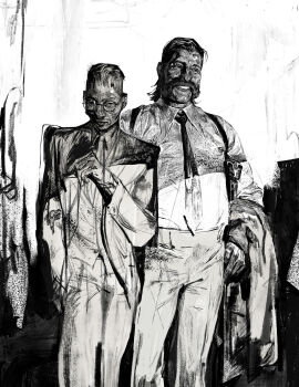 2boys absurdres collared_shirt disco_elysium facial_hair feet_out_of_frame glasses greyscale hand_up harry_du_bois highres holding holding_unworn_clothes holding_unworn_jacket jacket kim_kitsuragi looking_to_the_side male_focus monochrome multiple_boys mutton_chops necktie oxxxomo shirt shirt_tucked_in short_hair unworn_jacket