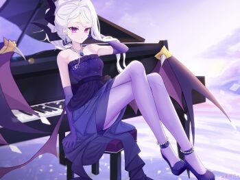 1girl bare_shoulders black_halo blue_archive blush breasts collarbone commentary_request crossed_legs demon_girl demon_horns demon_wings dress elbow_gloves full_body gloves grand_piano halo high_heels highres hina_(blue_archive) hina_(dress)_(blue_archive) horns instrument jewelry long_hair looking_at_viewer nanbugin necklace official_alternate_costume official_alternate_hairstyle parted_lips pendant piano purple_dress purple_gloves sitting small_breasts solo strapless strapless_dress white_hair wings