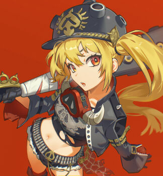 1girl baseball_bat black_gloves blonde_hair breasts combat_helmet commentary contrapposto cowboy_shot cropped_jacket fur-trimmed_shorts fur_trim gloves hair_between_eyes helmet highres holding holding_baseball_bat jacket long_hair looking_at_viewer luciana_de_montefio medium_breasts midriff navel open_clothes open_jacket open_mouth orange_background orange_eyes pickelhaube shirt shorts side_ponytail simple_background solo tanjwi torn_clothes torn_shirt zenless_zone_zero