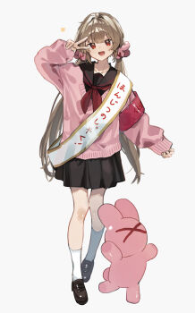 Rule 34 | 1girl, :d, absurdres, armband, birthday sash, black sailor collar, black skirt, brown hair, commentary request, full body, hair ornament, hand up, higa (gominami), highres, loafers, long hair, long sleeves, looking at viewer, low twintails, natori sana, natori sana (school uniform), neckerchief, open mouth, pink sweater, pleated skirt, rabbit hair ornament, red armband, red eyes, red neckerchief, sailor collar, sana channel, sash, school uniform, serafuku, shoes, shoulder sash, simple background, skirt, smile, socks, solo, standing, stuffed animal, stuffed rabbit, stuffed toy, sweater, twintails, v, v over eye, virtual youtuber, white socks