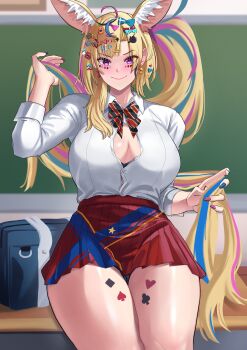 >:) 1girl absurdres animal_ears antenna_hair bag black_panties blonde_hair blurry blush bow bowtie breasts button_gap chalkboard cleavage daifuku_(yukihana_lamy) depth_of_field desk facial_tattoo fox_ears fox_girl gyaru hair_ornament hairclip heart heart-shaped_pupils highres hololive kogal large_breasts leg_tattoo long_hair miniskirt multicolored_hair multicolored_nails nail_polish neige_(pixiv6850453) nekko_(momosuzu_nene) official_alternate_costume omaru_polka omaru_polka_(school_uniform) on_desk panties panty_peek partially_unbuttoned ponytail purple_eyes school_bag shirt sitting on_desk skirt smile solo ssrb_(shishiro_botan) streaked_hair symbol-shaped_pupils tattoo thick_thighs thighs too_many_hair_ornaments underwear v-shaped_eyebrows very_long_hair virtual_youtuber white_shirt zain_(omaru_polka)
