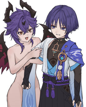 2boys anemo_symbol_(genshin_impact) arm_at_side armor belt black_belt black_bodysuit black_bow black_bridal_gauntlets black_horns black_shorts blue_gemstone blue_kimono blue_sleeves blunt_ends bodysuit bow bridal_gauntlets cape choppy_bangs clenched_hand clothes_grab clothing_cutout collarbone completely_nude covered_collarbone dragon_horns dragon_wings durin_(real)_(genshin_impact) eyeliner eyeshadow facial_mark fangs feathers forehead_mark gem genshin_impact gold_ring groin hakama hakama_shorts highres hip_vent horns humanization japanese_armor japanese_clothes juban kimono kote kurokote layered_sleeves locked_arms looking_at_another lower_eyelashes_only makeup mandarin_collar middle_ring mini_durin_(dragon)_(genshin_impact) mini_durin_(genshin_impact) mini_durin_(human)_(genshin_impact) multiple_boys nude open_clothes open_kimono open_mouth parted_lips pleated_shorts pom_pom_(clothes) purple_cape purple_eyes purple_hair purple_rope purple_sash red_eyeliner red_eyeshadow red_wings rope sash scaramouche_(genshin_impact) short_sleeves shorts shoulder_peek sleeve_grab spoilers tassel tsurime vision_(genshin_impact) wanderer_(genshin_impact) white_kimono white_mouth white_sleeves white_trim wings yamabuki_(yamabuki_xxxxx) yellow_eyes yellow_feathers