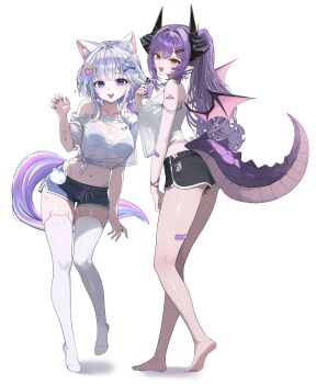 2girls absurdres animal_ears arm_tattoo ayatsuno_yuni bandaid bandaid_on_arm bare_shoulders barefoot bikini bikini_under_clothes black_shorts bow breasts cat_girl cellphone commentary cowboy_shot crescent crescent_hair_ornament crop_top crop_top_overhang dolphin_shorts dragon_girl dragon_horns dragon_tail dragon_wings drawstring drop_shadow facial_mark fangs from_side full_body hair_bow hair_intakes hair_ornament hairclip hand_up head_tilt heart heart_facial_mark highres holding holding_phone horns kkato large_breasts long_hair looking_at_viewer midriff multicolored_hair multicolored_tail multiple_girls nail_polish navel off_shoulder open_mouth parallel_hairclips phone pointy_ears ponytail purple_eyes purple_hair purple_nails sakihane_huya see-through_silhouette shirt short_ponytail short_shorts shorts side-tie_shirt sidelocks simple_background single_bare_shoulder slit_pupils smartphone smile standing star_(symbol) star_hair_ornament stellive stomach strap_slip string_bikini swimsuit tail tattoo thighhighs thighs two-tone_hair very_long_hair virtual_youtuber white_background white_bikini white_hair white_shirt white_thighhighs wings wristband yellow_eyes