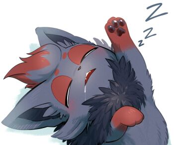 Rule 34 | 1other, animal hands, blush stickers, closed eyes, cropped torso, drooling, gen 5 pokemon, grey fur, hand up, highres, nintendo, no humans, o hitu g, open mouth, pokemon, pokemon (creature), saliva, sleeping, solo, triangle mouth, white background, zorua, zzz