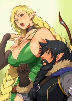 absurdres arguing beard belt black_hair blonde_hair blue_cape bow_(weapon) braid braided_beard breasts brown_eyes cape clenched_hand commission dwarf elf facial_hair fur-trimmed_gloves fur_trim gloves green_eyes heterochromia highres large_breasts long_bangs long_hair original panties pointy_ears ponytail purple_eyes saida_nika skeb_commission tall_female twin_braids underwear weapon white_panties