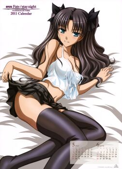 1girl absurdres ass bare_shoulders bed_sheet black_bow black_hair black_ribbon black_skirt black_socks black_thighhighs blue_eyes blush bow breasts calendar camisole cleavage clothes_lift collarbone english_text fate/stay_night fate_(series) female_focus hair_bow hair_ornament hair_ribbon highres imminent_kiss imminent_penetration imminent_vaginal ishihara_megumi legs lifting_own_clothes long_hair looking_at_viewer lying medium_breasts midriff miniskirt navel no_bra no_panties on_side pleated_skirt ribbon sexually_suggestive skirt skirt_lift sleeveless smile socks solo solo_focus stomach strap_slip studio_deen thighhighs thighs tohsaka_rin twintails white_camisole zettai_ryouiki