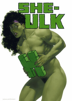 1girl absurdres artist_name biceps character_name colored_skin colored_veins comic_cover commentary cover cover_page covered_erect_nipples curly_hair dima_ivanov english_commentary english_text female_pubic_hair fingernails green_eyes green_hair green_skin hairband highres holding long_hair looking_at_viewer marvel messy_hair muscular muscular_female nail_polish nude obliques open_mouth pubic_hair raised_eyebrows she-hulk solo surprised symbol-only_commentary teeth thick_thighs thighs title tongue upper_body watermark web_address white_background