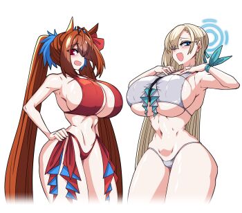 2girls animal_ears antenna_hair asuna_(blue_archive) bare_shoulders bikini blonde_hair blue_archive blue_eyes blue_halo blush breasts cleavage daiwa_scarlet_(umamusume) groin hair_over_one_eye hair_ribbon halo hand_on_own_chest hand_on_own_hip highres horse_ears horse_girl huge_breasts lazy_ant long_hair looking_at_viewer multiple_girls navel open_mouth red_bikini red_eyes red_hair ribbon smile swimsuit thighs twintails umamusume underboob very_long_hair white_bikini wrist_ribbon