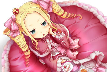 1girl beatrice_(re:zero) blonde_hair blurry blush bow butterfly-shaped_pupils capelet crown dress dress_bow drill_hair from_above hair_ribbon hand_on_own_cheek hand_on_own_face highres long_hair long_sleeves mini_crown open_mouth pink_bow pink_dress pink_ribbon plate re:zero_kara_hajimeru_isekai_seikatsu ribbon striped_leggings symbol-shaped_pupils torin_(maria) twin_drills white_background
