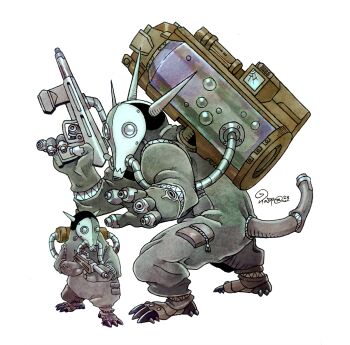 backpack bag black_jumpsuit claws commission digimon evolutionary_line gun hands_up highres holding holding_gun holding_weapon horns jumpsuit liquid oridigi oxygen_mask painting_(medium) rifle tail tank_(container) taragraphika traditional_media troopmon tube watercolor_(medium) weapon white_mask zipper