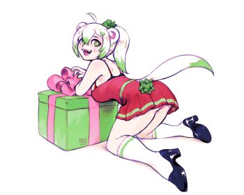 1girl absurdres ahoge animal_ears ass ass_focus back bare_shoulders bestfriendforever black_bra bra christmas_present commentary dress ferret_ears ferret_girl ferret_tail gift green_eyes green_hair green_tail high_heels highres indie_virtual_youtuber kneeling laimu_(vtuber) looking_back multicolored_tail open_mouth panties pink_panties ponytail red_bra red_dress ribbon socks tail thighs underwear virtual_youtuber white_background white_hair white_socks white_tail