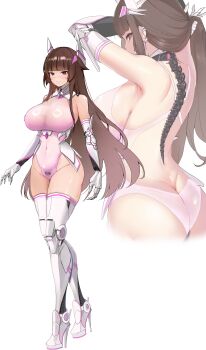 1girl absurdres ass back barcode barcode_tattoo bare_shoulders blunt_bangs blush boots breasts brown_hair butt_crack commentary covered_navel curvy cyborg elbow_gloves english_commentary full_body gauntlets gloves high_heels highleg highleg_leotard highres impossible_clothes large_breasts leotard long_hair looking_at_viewer mechanical_arms mechanical_legs mechanical_spine multiple_views original perianist pink_leotard pubic_tattoo red_eyes see-through_clothes sideboob simple_background standing tattoo thick_thighs thighhighs thighs very_long_hair white_background white_gloves