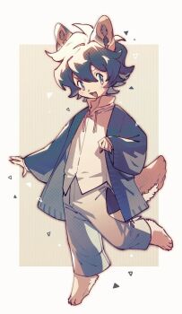 1boy animal_feet black_eyes black_hair black_sweater body_fur brown_fur claws commentary digitigrade dog_boy fang fuji_166 full_body furry furry_male looking_at_viewer male_focus original short_hair solo standing standing_on_one_leg striped_background sweater tail yellow_background