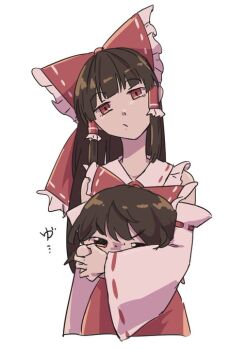 1girl arm_at_side blunt_bangs bow brown_hair closed_mouth commentary_request cropped_legs detached_sleeves frilled_bow frilled_hair_tubes frills hair_bow hair_tubes hakurei_reimu head_tilt holding long_hair long_sleeves looking_at_viewer nrnb red_bow red_eyes red_skirt ribbon-trimmed_collar ribbon-trimmed_sleeves ribbon_trim sidelocks simple_background skirt touhou translation_request white_background white_sleeves wide_sleeves yukkuri_shiteitte_ne