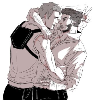 2boys arm_around_neck arm_hair bone brown_hair chest_hair cigar claws deadpool facial_hair grey_hair hand_on_another's_waist highres large_pectorals looking_at_viewer male_focus marvel mouth_hold multicolored_hair multiple_boys muscular muscular_male pants pectorals shirt short_hair siyi1996 sleeveless smile smoke smoking teeth two-tone_hair v wolverine_(x-men) x-men x-men:_days_of_future_past x-men_film_series x-men_origins:_wolverine yaoi