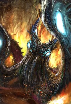 absurdres bearluxe fire giant_squid glowing glowing_eye highres horns looking_at_viewer monster monster_focus monster_hunter_(series) monster_hunter_wilds no_pupils nu_udra squid tentacles