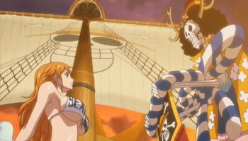 10s 1girl 2016 afro animated animated_gif anime_screenshot bikini bouncing_breasts breasts brook_(one_piece) cleavage evening female_focus hair_ornament happy hawaiian_shirt horns large_breasts long_hair nami_(one_piece) one_piece one_piece_special:_episode_0 orange_hair shiny_skin shirt skeleton swimsuit tagme tattoo thong thong_bikini wide_hips