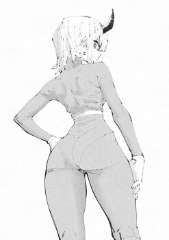 1girl absurdres ass commentary cowboy_shot english_commentary from_behind greyscale hand_on_own_hip hand_on_own_leg highres horns long_sleeves looking_at_viewer looking_back miregeist monochrome original pants shirt short_hair simple_background single_horn solo tight_clothes tight_pants white_background