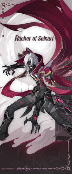 1boy armor bandage_over_one_eye bandaged_arm bandaged_chest bandaged_head bandaged_leg bandaged_torso bandages bandages_over_mouth black_bandages cape commentary dynamic_pose english_commentary english_text genshin_impact hair_between_eyes hand_eye highres official_art rerir_(genshin_impact) shoulder_armor solo white_hair