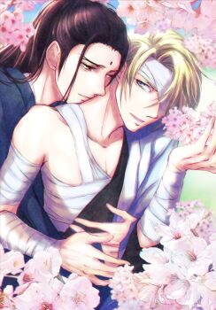 2boys artist_name bandage_on_face bandage_over_one_eye bandaged_arm bandages bare_shoulders bindi black_hair blonde_hair blue_eyes cherry_blossoms collarbone final_fantasy final_fantasy_vii final_fantasy_vii:_advent_children flower hand_on_another's_hand hand_on_another's_waist highres hug japanese_clothes long_hair looking_at_another male_focus multiple_boys neck outdoors parted_lips pectorals ponco_pacoooon red_eyes rufus_shinra shiny_skin short_hair sky square_enix tseng turks_(ff7) yaoi