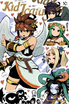 Rule 34 | !, 2boys, 3girls, :o, angel, angel wings, black eyes, black hair, blonde hair, brown hair, closed mouth, commentary, corrupted twitter file, dark pit, english commentary, english text, flower, green hair, hair flower, hair ornament, heart, highres, kid icarus, kid icarus uprising, long hair, lunchiblz, medusa (kid icarus), monoeye, monster, multiple boys, multiple girls, nintendo, one eye closed, open mouth, palutena, pit (kid icarus), short hair, snake hair, viridi, wings
