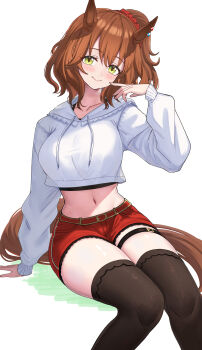 1girl absurdres alternate_costume animal_ears arm_support aston_machan_(umamusume) belt belt_buckle black_thighhighs blush breasts brown_hair buckle closed_mouth commentary_request cropped_hoodie crown green_eyes hand_up head_tilt highres hood hood_down hoodie horse_ears horse_girl horse_tail large_breasts long_sleeves looking_at_viewer medium_hair midriff navel red_belt red_shorts short_shorts shorts simple_background sitting smile solo stomach tail take978733141 thighhighs thighs umamusume white_background white_hoodie