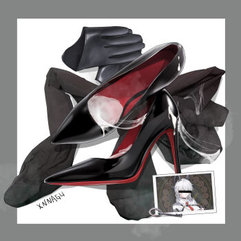 1girl aftersex bar_censor black_footwear black_pantyhose boots border breasts censored censored_identity cum cum_on_clothes cumdrip gloves grey_border high_heel_boots high_heels highres holding holding_photo large_breasts long_hair necktie pantyhose photo_(object) portrait_(object) red_necktie shoes smell solo stiletto_heels underwear unworn_shoes white_background white_hair xnnagu