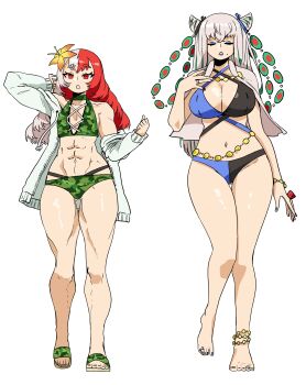 2girls abs absurdres anklet ares_(wanderjegson) bikini blue_eyeliner blue_lips bracelet breasts camouflage camouflage_bikini capelet closed_eyes commentary cone_hair_bun criss-cross_halter double_bun eyeliner flat_chest flower green_background grey_capelet hair_bun hair_flower hair_ornament halterneck height_difference hera_(wanderjegson) highres hood hoodie jewelry large_breasts makeup multicolored_hair multiple_girls muscular muscular_female original pear-shaped_figure red_eyes red_hair ring sandals split-color_hair swimsuit thigh_gap two-tone_hair wanderjegson white_hair white_hoodie