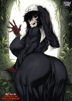 1girl ass black_dress black_eyes black_hair black_robe breasts commentary day dress english_commentary english_text gloves headpiece highres huge_ass large_breasts leaf long_sleeves looking_at_viewer looking_back nun open_clothes open_mouth paid_reward_available purple_hair ramia-yana ramia_(ramia-yana) red_gloves robe scar scar_on_face scar_on_mouth smile solo teeth the_golden_smurf upper_teeth_only waving