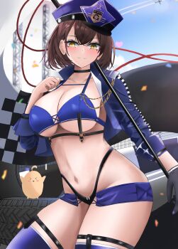 1girl absurdres azur_lane baltimore_(azur_lane) baltimore_(finish_line_flagbearer)_(azur_lane) bikini blue_bikini blue_boots blue_hat blue_jacket boots braid braided_bangs breasts brown_hair checkered_flag chest_harness choker confetti cropped_jacket flag gloves harness hat highleg highleg_bikini highres holding holding_flag holding_pole jacket large_breasts looking_at_viewer manjuu_(azur_lane) micro_shorts mismatched_bikini navel official_alternate_costume outdoors peaked_cap pole race_flag race_queen rei_tuki short_hair shorts solo stomach swimsuit unused_tire yellow_eyes