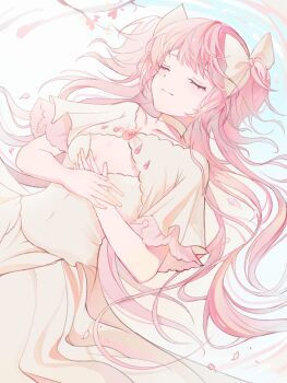 1girl bow branch choker cleavage_cutout closed_eyes closed_mouth clothing_cutout collarbone covered_navel dot_nose dress dutch_angle eyelashes falling_petals flower hair_bow hair_spread_out hands_on_own_chest highres kaname_madoka koizumi_hana layered_sleeves light_particles long_dress long_hair lying lying_on_water mahou_shoujo_madoka_magica mahou_shoujo_madoka_magica_(anime) on_back pale_color petals pink_flower pink_hair pink_petals pink_theme ripples serious sidelocks solo two_side_up ultimate_madoka very_long_hair water white_bow white_choker white_dress wide_sleeves