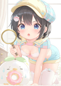 1girl :o all_fours animal animal_ear_legwear arisugawa_riu backlighting bird black_hair blue_capelet blue_eyes blue_overalls blush bob_cut bow bow_bra bra breasts capelet cat_ear_legwear commentary_request day deerstalker detective donut dot_nose double-parted_bangs food hair_ornament hairclip hat highres holding holding_food holding_magnifying_glass indoors magnifying_glass navel no_shoes open_mouth original overall_shorts overalls paid_reward_available peaked_cap rebun scared short_hair sidelocks small_breasts solo sweat thighhighs trembling turn_pale underwear v-shaped_eyebrows white_bra white_thighhighs yellow_hat