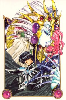 1990s_(style) 2boys 2girls armor black_hair blue_eyes blue_skin bodysuit cape clamp colored_skin debonair debonair_(rayearth) eagle_vision gem headgear lantis lantis_(rayearth) long_hair magic_knight_rayearth multiple_boys multiple_girls nova_(rayearth) official_art pink_hair pointy_ears red_eyes retro_artstyle scan shoes smile white_hair
