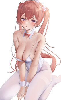 1girl :o animal_ears bare_shoulders blush bow bowtie breasts detached_collar fake_animal_ears hair_between_eyes hair_bow highleg highleg_leotard highres large_breasts leotard long_hair looking_at_viewer mirolive pantyhose pink_bow pink_bowtie playboy_bunny purple_eyes rabbit_ears red_hair rryiup see-through_strap simple_background sitting solo strap_slip sweat tabasuko_(mirolive) thighband_pantyhose traditional_bowtie twintails v_arms very_long_hair virtual_youtuber wardrobe_malfunction wariza white_background white_bow white_leotard white_pantyhose wrist_cuffs