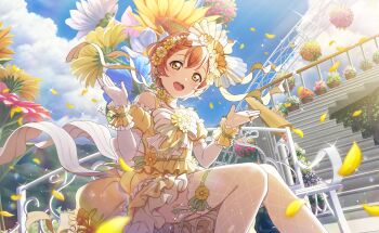 Rule 34 | 1girl, blonde hair, blurry, blurry foreground, braid, detached sleeves, dress, falling petals, flower, frilled wrist cuffs, frills, game cg, hair flower, hair ornament, highres, hoshizora rin, light blush, looking at viewer, love live!, love live! school idol festival 2, love live! school idol project, official art, open mouth, orange hair, petals, puffy detached sleeves, puffy sleeves, short hair, sitting, solo, thighhighs, third-party source, wrist cuffs, yellow dress, yellow eyes, yellow flower