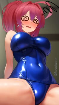 1girl @_@ ahoge blindfold blush body_writing breasts closed_eyes dazed defeat dizzy dorachan_r hair_ribbon highres i-168_(kancolle) indoors kantai_collection lips long_hair one-piece_swimsuit open_mouth ponytail red_hair ribbon school_swimsuit school_uniform solo swimsuit tally