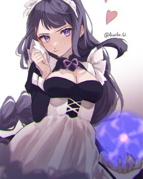 Rule 34 | 1girl, alternate costume, apron, braid, breasts, cleavage, cleavage cutout, close-up, closed mouth, clothing cutout, commentary, cowboy shot, enmaided, fruct0se fa, genshin impact, gradient background, grey background, hand up, heart, highres, long hair, long sleeves, looking at viewer, magic, maid, maid apron, maid headdress, purple eyes, purple hair, raiden shogun, single braid, solo, sweatdrop, twitter username, very long hair, white apron, white background