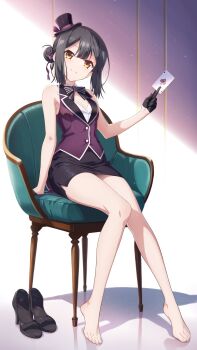 1girl absurdres barefoot black_hair card fate/kaleid_liner_prisma_illya fate_(series) feet hair_bun highres long_hair looking_at_viewer miyu_edelfelt netarrow playing_card sandals shoes sitting smile toes unworn_sandals unworn_shoes yellow_eyes