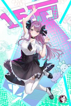 Rule 34 | 1girl, abroccoli, absurdres, arm up, black bow, black choker, black shoes, black skirt, bow, choker, collared shirt, frilled skirt, frills, hair bow, high-waist skirt, highres, indie virtual youtuber, long hair, looking at viewer, otsuka ray, purple eyes, purple hair, sailor collar, shirt, shoes, skirt, smile, solo, symbol-shaped pupils, thighhighs, virtual youtuber, white shirt, white thighhighs