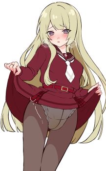 1girl assault_lily belt belt_buckle blonde_hair blunt_bangs blush brcl7777 breasts brown_pantyhose brown_sailor_collar buckle clothes_lift commentary_request commission crotch_seam diaper hands_up heavy_breathing jewelry kanba_girls_high_school_uniform lifting_own_clothes long_hair long_sleeves looking_ahead looking_down medium_breasts miniskirt miyagawa_takane necktie pantyhose parted_lips peeing_on_self purple_eyes raised_eyebrows red_belt red_shirt red_skirt ring sailor_collar school_uniform serafuku shirt short_necktie sidelocks simple_background skeb_commission skirt skirt_lift solo standing translation_request very_long_hair wet_diaper white_background white_necktie