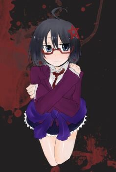 Rule 34 | 1girl, black hair, blood, blue eyes, corpse party, female focus, glasses, hair ornament, purple hair, saenoki naho, school uniform, short hair, solo