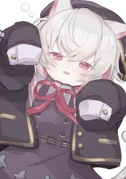 1girl animal_ears arazan_(ara_arazan24) belt beret black_dress black_hat black_jacket buttons cat_ears cat_tail colored_inner_hair commentary_request double-breasted dress fang half-closed_eyes hat jacket multicolored_hair neck_ribbon open_clothes open_jacket outstretched_arms pinafore_dress pink_eyes pink_hair red_ribbon ribbon sayo_(voicevox) shirt short_hair simple_background sleepy sleeve_cuffs sleeveless sleeveless_dress sleeves_past_fingers sleeves_past_wrists solo squeans tail voicevox white_background white_hair white_shirt