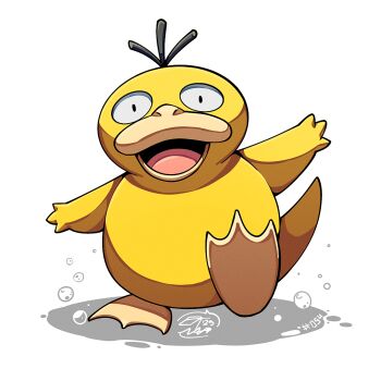 beak bubble full_body gen_1_pokemon looking_at_viewer mistray-art nintendo no_humans open_mouth pokemon pokemon_(creature) psyduck signature simple_background solo white_background yellow_fur
