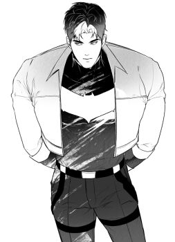 1boy bat_signal batman_(series) batman_symbol belt black_bodysuit black_hair bodysuit brown_jacket commentary_request dc_comics gamte428 grey_bodysuit jacket jason_todd korean_commentary male_focus multicolored_bodysuit muscular muscular_male open_clothes pants red_hood_(dc) red_hood_and_the_outlaws short_hair superhero_costume taut_bodysuit two-tone_bodysuit utility_belt