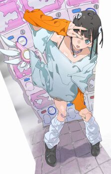 1girl absurdres arm_warmers bandaid bandaid_on_knee bandaid_on_leg bare_shoulders black_hair black_shoes collar commentary_request full_body gashapon hair_ornament hand_over_eye highres himuro_yukichiko leg_warmers long_sleeves looking_at_viewer mechanical_wings off_shoulder open_mouth original pink_wings purple_collar shoes smile solo standing sweater tile_floor tiles two_side_up vending_machine w w_over_eye white_sweater wings